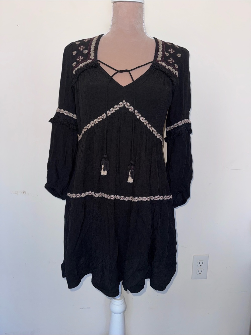Black Embroidered Boho Mini Dress